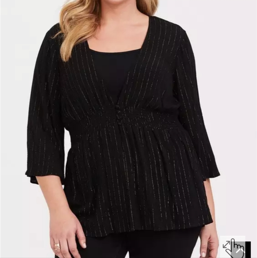Torrid Black Button Front Smocked Babydoll Blouse Striped Gold Top Whimsigoth